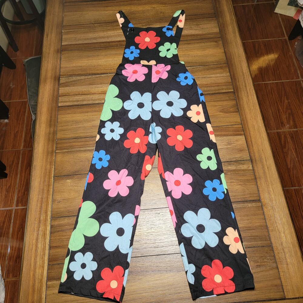 Shein Girls Black Pants Overalls Jumper w/ Large Flowers - Size 11Y